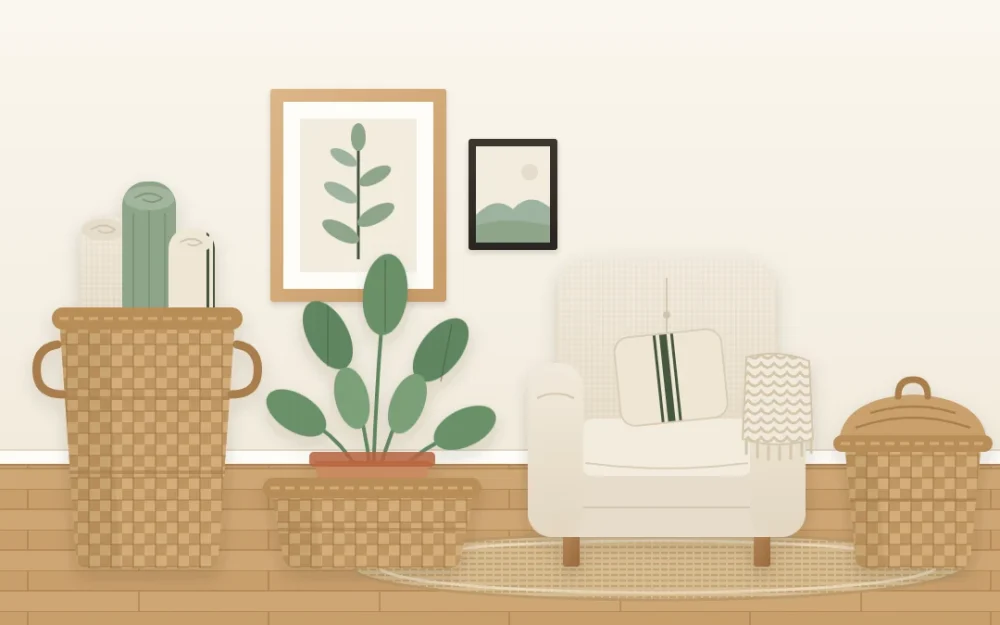Three woven baskets in a farmhouse corner: a tall one with rolled blankets, a low one with a plant and a lidded one by an armchair