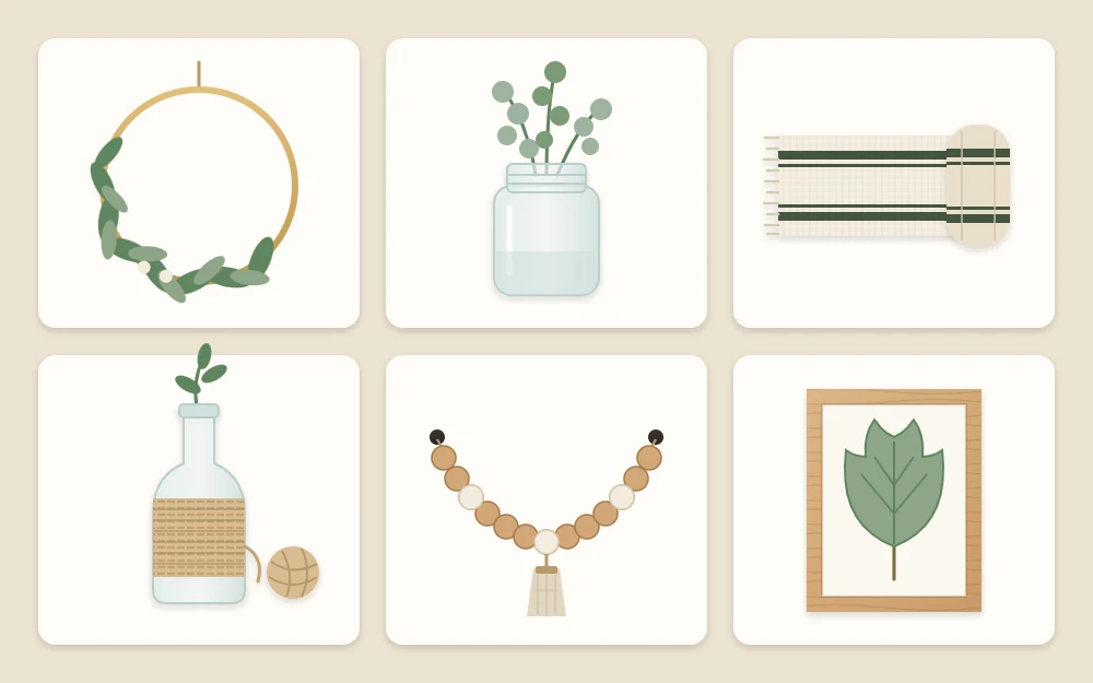 Six tiles of small projects: a hoop wreath, a glass jar vase, a rolled striped runner, a twine-wrapped bottle, a wood bead garland and a framed pressed leaf