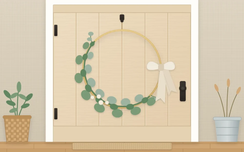 A thin brass hoop wreath on a pale wooden door with eucalyptus-like greenery over the lower left half and a linen ribbon tied at the side