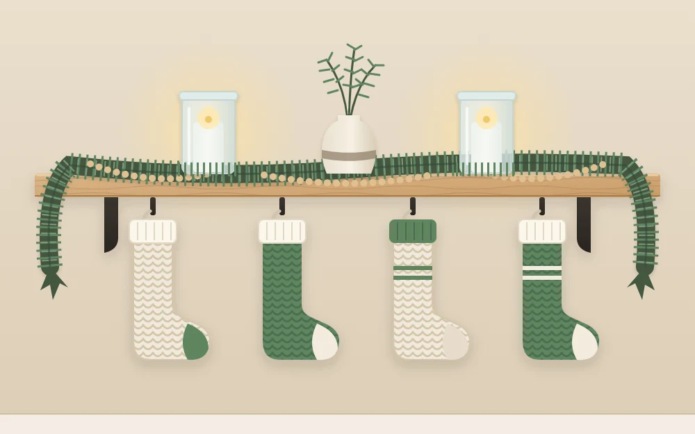 Long wooden shelf with an evergreen garland, four cream and green knitted stockings on hooks below and two flameless candles in glass jars