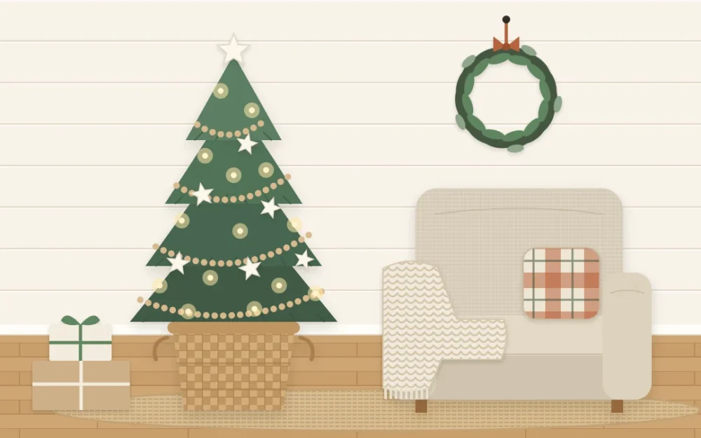 Farmhouse corner with a small evergreen tree in a woven basket with warm lights, wooden beads and paper stars, an armchair with a cream throw and a greenery wreath