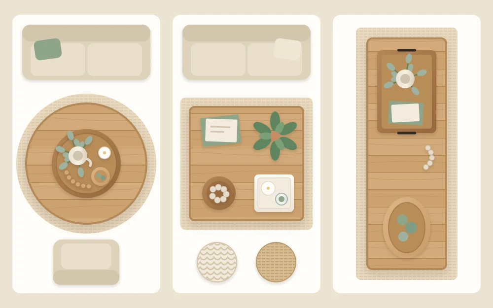Top-down view of three coffee tables: a round one with a central round tray, a square one with four groups and a long one with a tray and a bowl