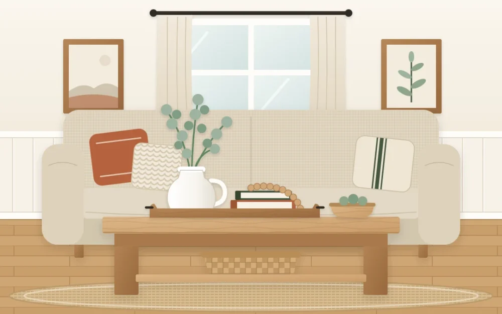 Chunky wooden coffee table in front of a linen sofa with a wooden tray holding a white jug of stems, two books, a small bowl and wooden beads