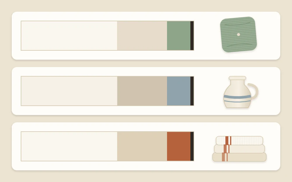 Three palette strips of warm white, neutral, small accent and thin black line, beside a cushion, jug and folded cloth