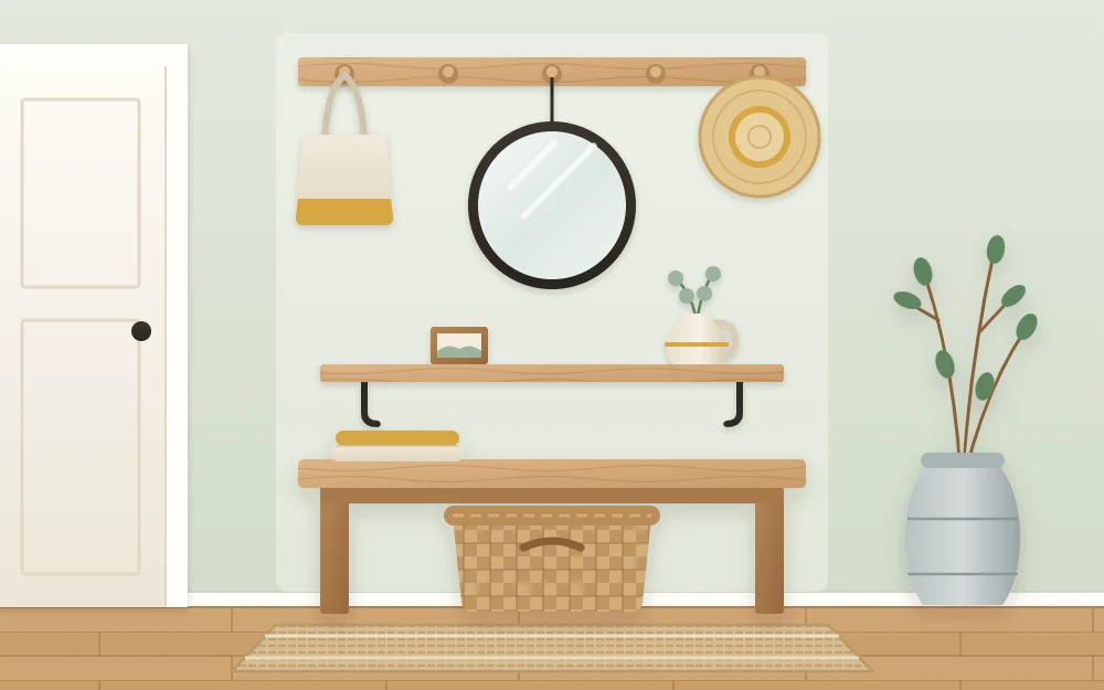Compact entry wall with a peg rail at the top, a round mirror, a slim shelf holding a jug and a bench with a basket on a runner