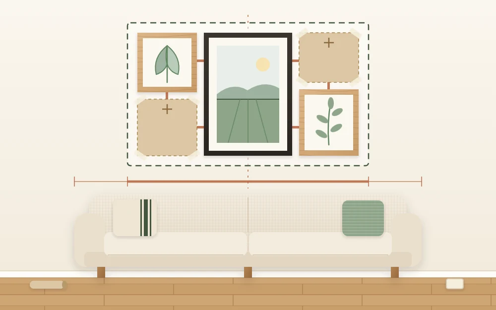 Wall elevation of a sofa with a group of frames above inside a dashed outline, evenly spaced, with two brown paper templates among them