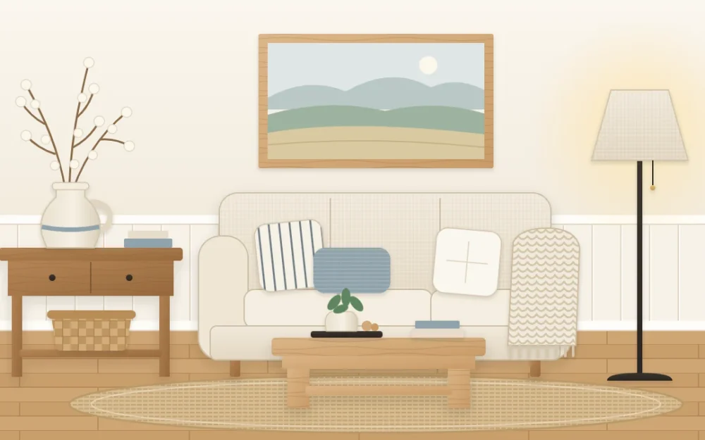 Farmhouse living room with a linen sofa and knitted throw, a chunky wooden coffee table on a jute rug, a black floor lamp and a console with a jug of branches