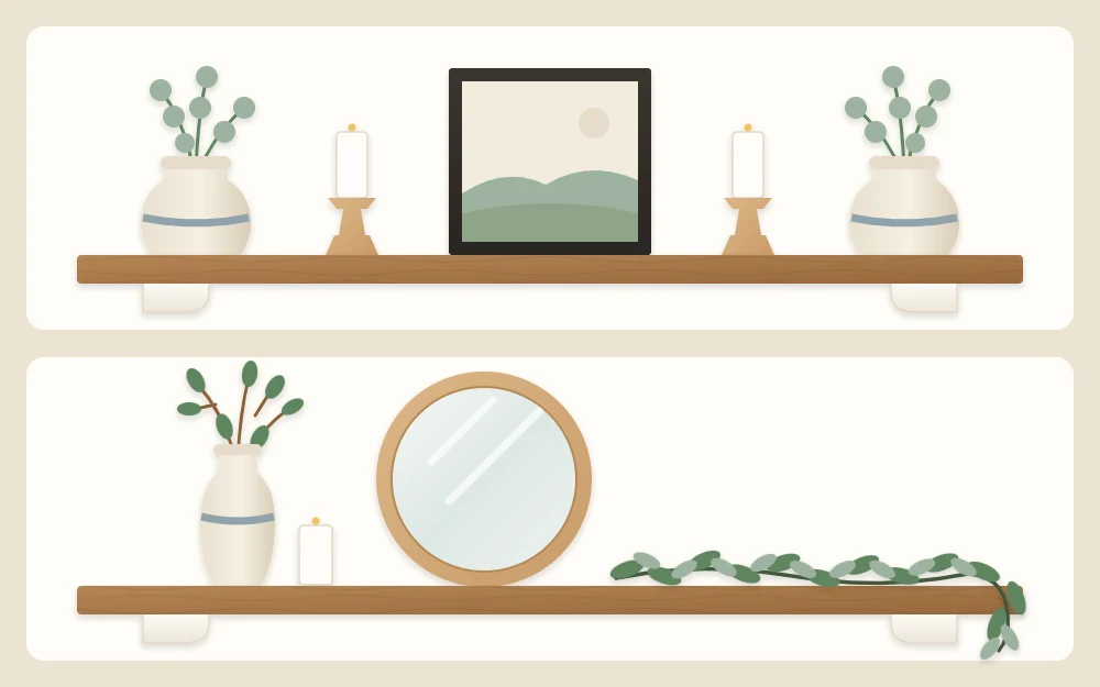 Two mantel shelves: one symmetrical with a central frame and matching jugs, one asymmetrical with a leaning mirror, tall vase and trailing garland