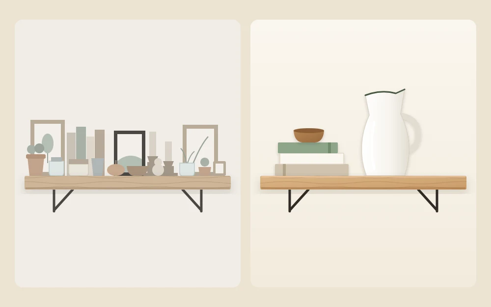 One shelf drawn twice: crowded edge to edge with small objects, then calm with stacked books, a tall white pitcher, a small bowl and open space
