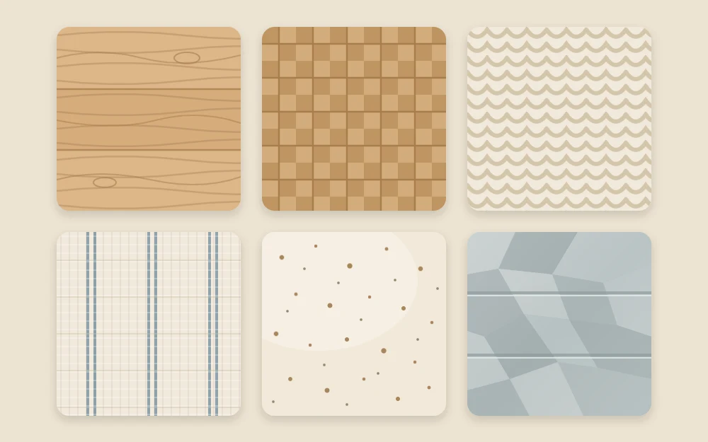 Six texture tiles in a grid: light wood grain, basket weave, chunky knit, striped linen, speckled cream ceramic and gray galvanized metal