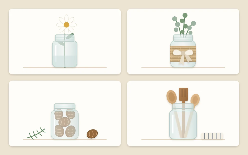 Four tiles of glass jar uses: a single-stem vase, a jar wrapped with twine and a linen bow, a jar of pine cones and a jar holding wooden spoons