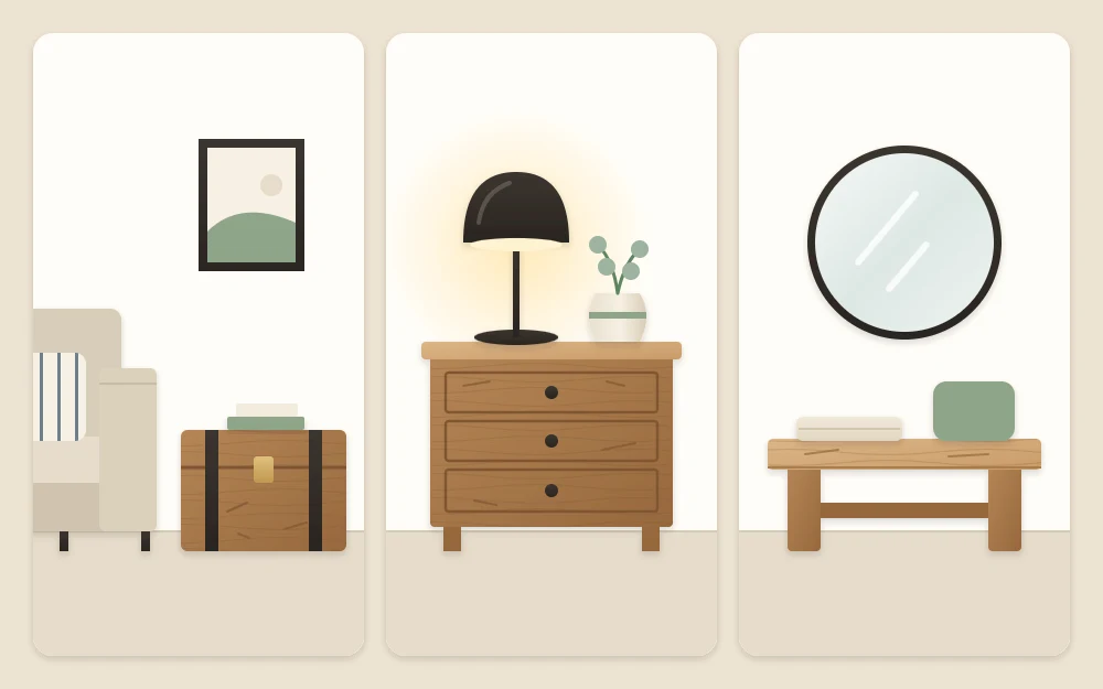 Three pairings: a worn trunk beside a clean-lined sofa, a black lamp on a weathered chest, a rustic bench under a round mirror