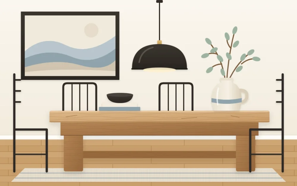 Dining area with a chunky rustic wooden table, four slim black metal chairs, a black dome lamp above, an abstract landscape and a stoneware jug of branches