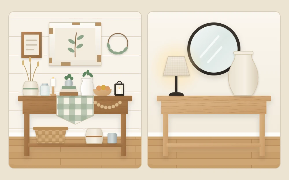 The same wooden console styled twice: crowded with small rustic items on the left, and with one black lamp, a plain vase and a round mirror on the right