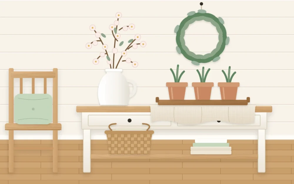 Farmhouse console in spring with a white jug of flowering branches, three terracotta pots of green shoots on a wooden tray, a pale green cushion and a greenery wreath